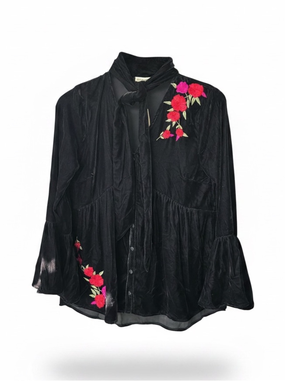 Black Floral Tie-Neck Button-Down Blouse